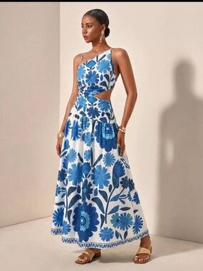 SHEIN White Maxi Dress with Blue Floral Print